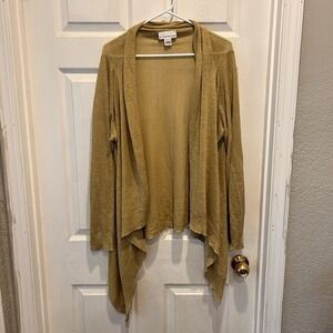 Bryn Walker Womens Large Gold 100% Linen Sheer Open Front Cardigan Lagenlook